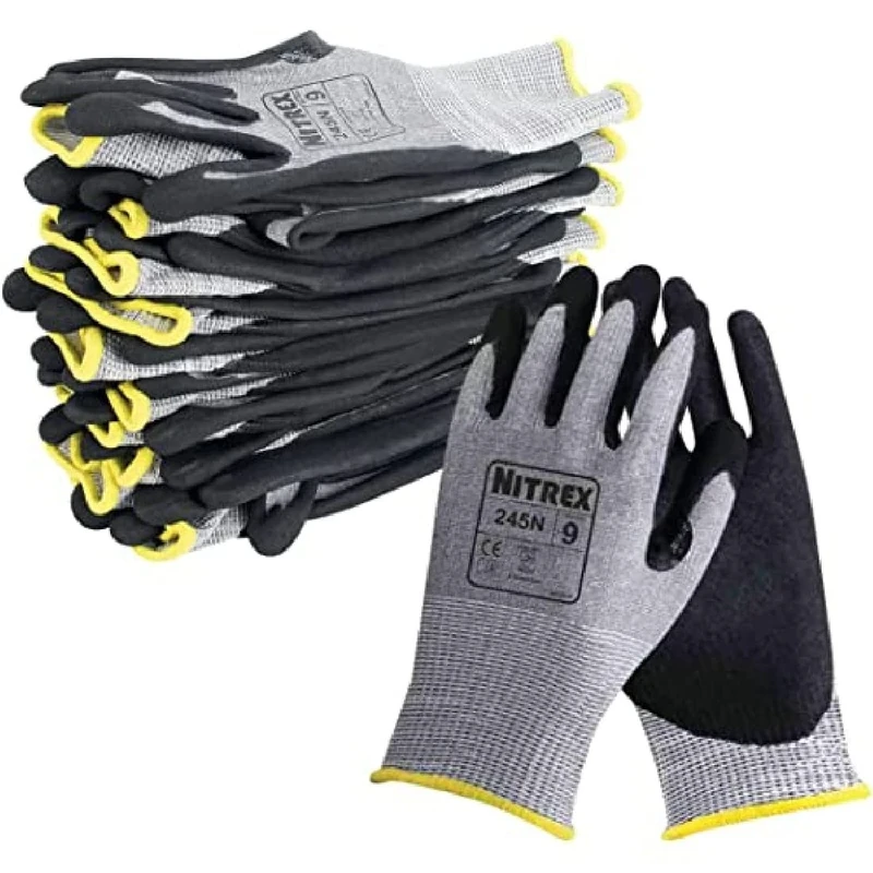Nitrex 245N Work and Safety Gloves, Bag of 10 Pairs, Size 11 - D Rated Cut Resistant Gloves with Sandy Nitrile Palm Coating