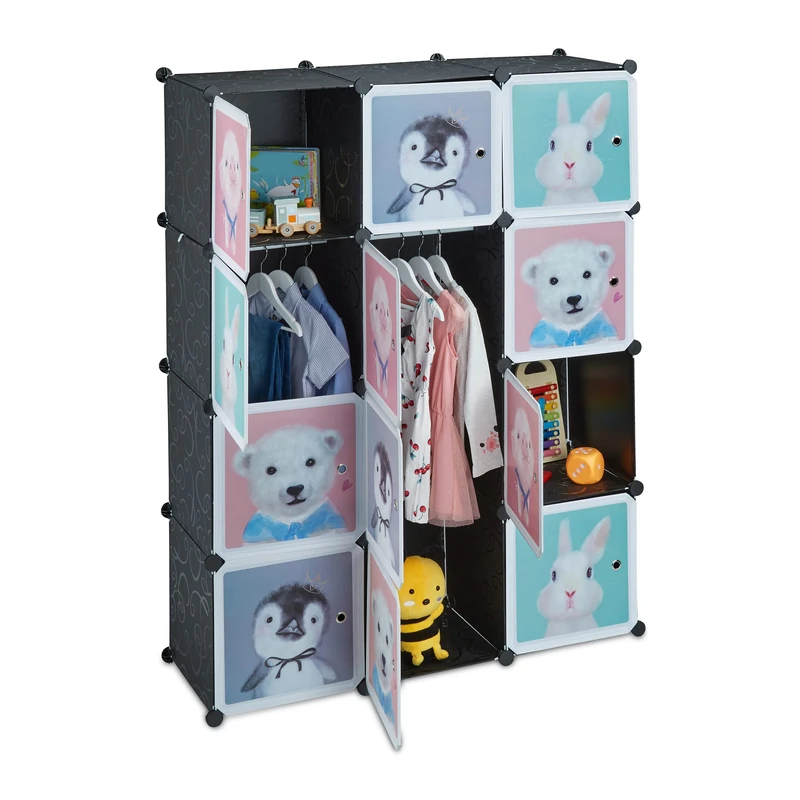 Relaxdays Plug-in Shelving Unit for Children, 8 Compartments, Doors with Animals, HWD: 145x109x37 cm, DIY Storage, Black