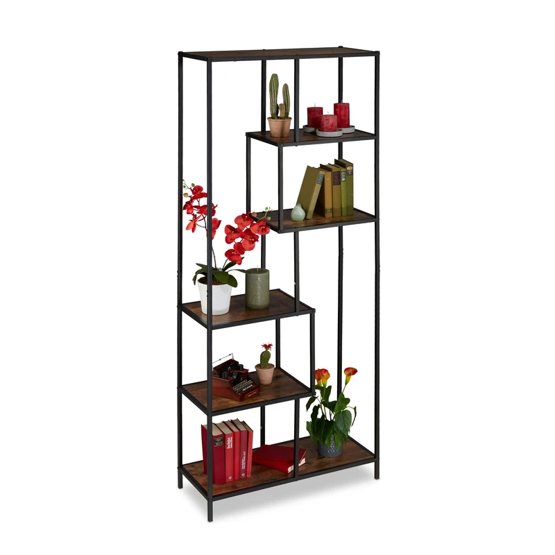 Relaxdays Shelf, Industrial Style, 6 Shelves, Wooden Look, H x W x D: 186 x 78 x 33 cm, Metal, MDF, Dark Brown/Black, Fibreboard