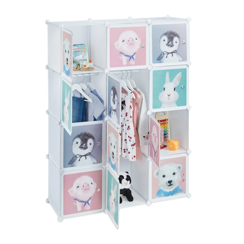 Relaxdays Plug-in Shelving Unit for Children, 8 Compartments, Doors with Animals, HWD: 145x109x37 cm, DIY Storage, White