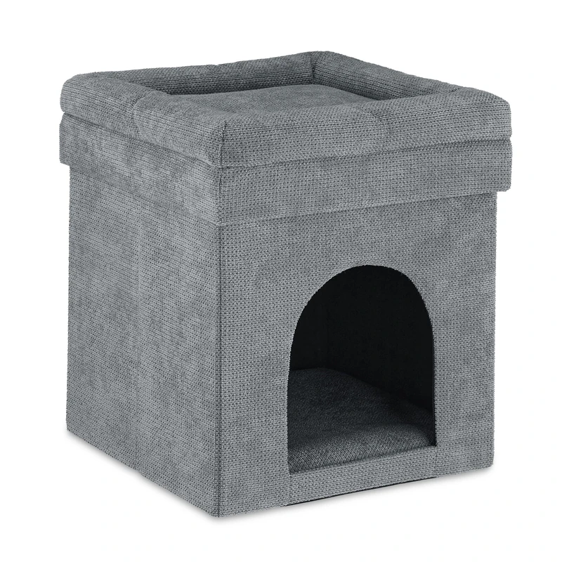 Relaxdays Cave Stool, Hiding Place for Pets, Foldable Seat, Soft Pillow, for Cats and Dogs, HxWxD: 42 x 38 x 38 cm, Grey, Fibreboard