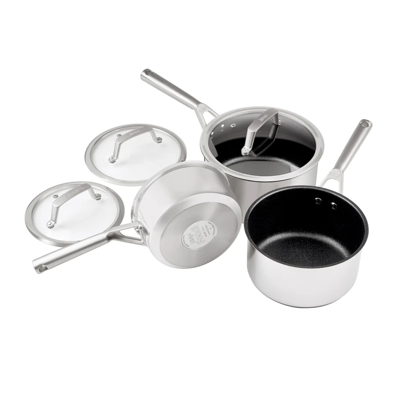 Ninja Foodi Zerostick 3-Piece Stainless Steel Pan Set [C63000EU] Saucepan Set, Non-Stick Coating, Induction Compatible, Dishwasher Safe, Silver, Small