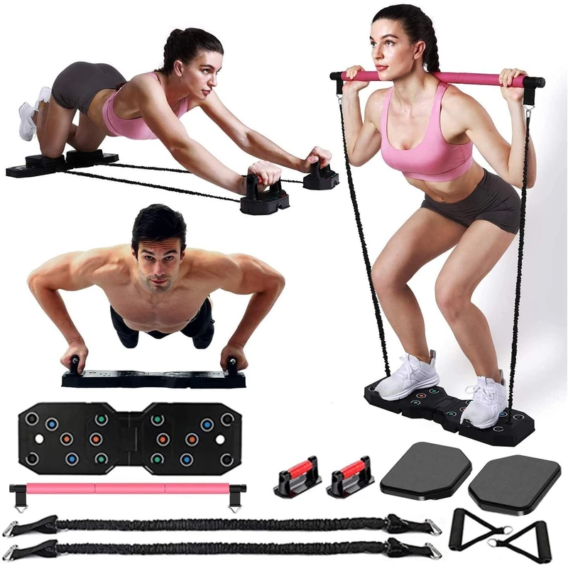 ACROPAQ Home Gym 14-in-1 Set with Exercise Board, Pilates Bar, Ab Roller - Ideal for Strength Training