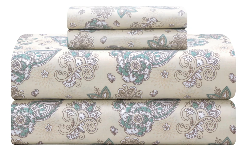 Feather & Stitch 300 Thread Count 100% Cotton Percale Weave Bed Sheets + 2 Pillowcases, Fits Mattress 16'' Deep Pocket, Luxury Breathable 4 Piece Bedding Set, Finley01, Full