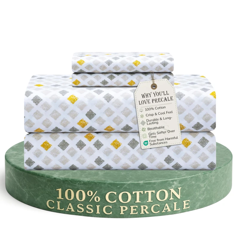 Feather & Stitch 100% Cotton 300TC Percale Weave Sheet Set, 4 Piece Cooling Bed Sheets 16" Deep Pockets, Hotel Luxury Bed Sheets - Full, Yellow Diamond