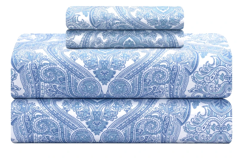 Feather & Stitch 100% Cotton 300TC Percale Weave Sheet Set, 4 Piece Cooling Bed Sheets 16" Deep Pockets, Hotel Luxury Bed Sheets - Full, Blue Paisley