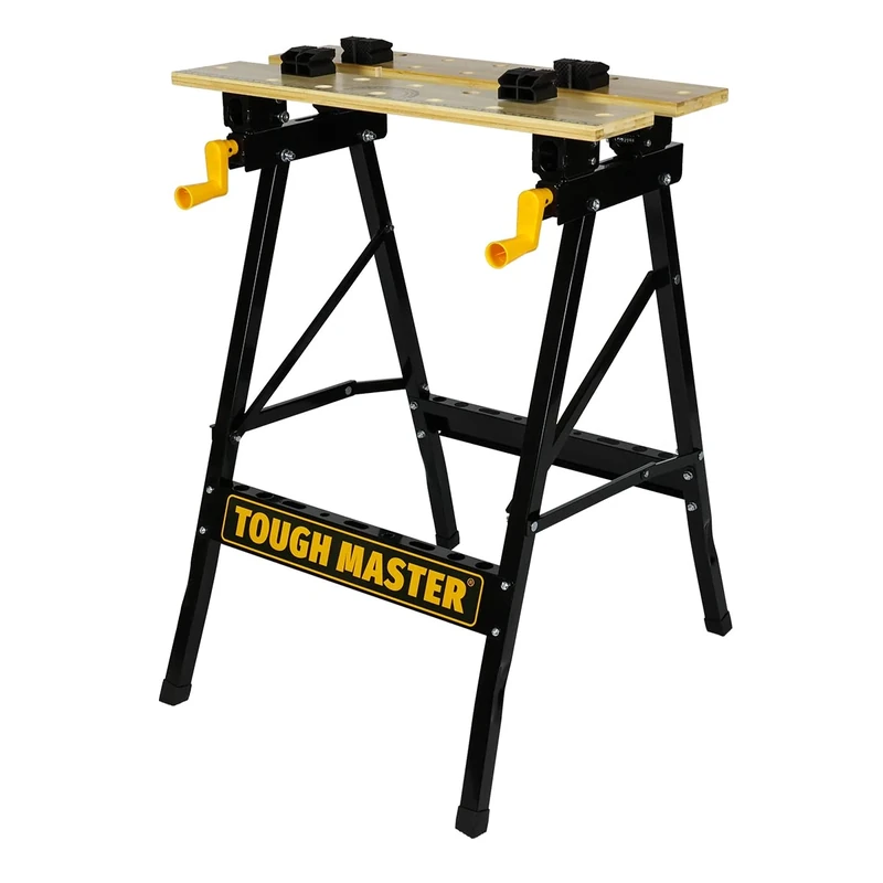 TOUGH MASTER Foldable Workbench Tool Stand, DIY Portable 100kg Work Clamping Table, Heavy Duty Steel Frame, Bamboo Worktop, Wood Working Desk with 4 Swivel Pegs For Builders One Size Black & Yellow
