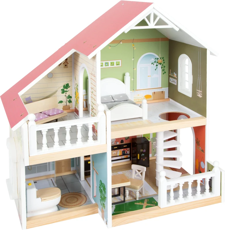 small foot Dollhouse with roof terrace, wooden dollhouse for kids aged 3+ yrs., open front & accessories, 12277