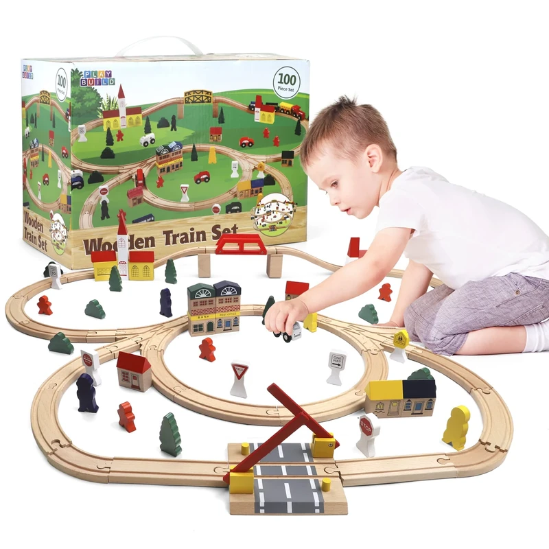 Play Build Wooden Train Set For Kids - 100 Piece Complete Toddler Train Set - Interactive Play & Learn Set - Creative Wooden Train Track Design - Premium Quality - Ages 3+