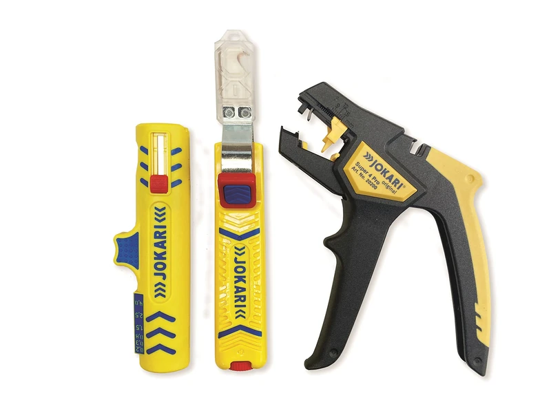 Jokari 490079 Basic House Installation Kit 3-Piece (with 4 Pro Wire Stripper, Secura Super No. 15 Cable Stripper and Cable Knife for Cable Diameter 8-28 mm) Multi-Coloured