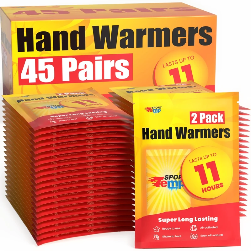 Sport Temp Hand Warmers (45 Pairs) - Up to 11 Hours of Heat, Super Long Lasting - Easy, All Natural - Air Activated, for Body, Hands & Toes - Odorless Hot -