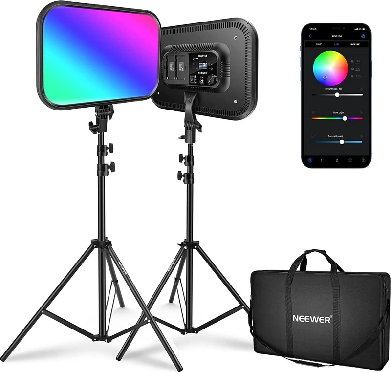 NEEWER RGB168 18.3" RGB Video Light with Brackets 2 Pack, with Application Control 360° Any Color 60W Adjustable 2500K-8500K CRI97+ 17 Effects LED Panel Lighting for