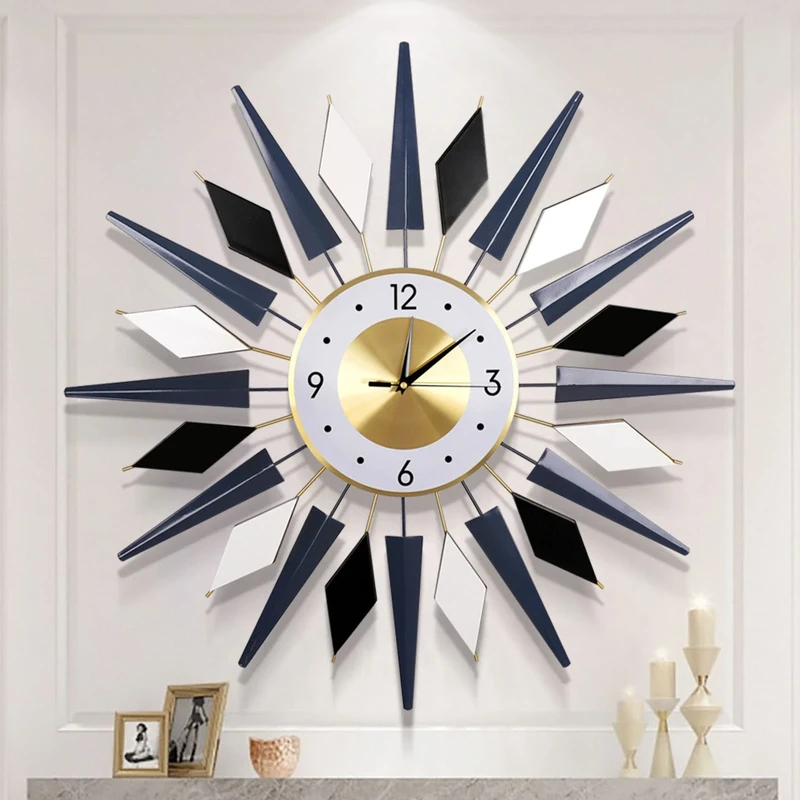 FMTAD Large Wall Clock Metal Decorative Wall Clocks Silent Non-Ticking Modern Big Clocks for Living Room Dining Room Bedroom Decor, Dia 28 Inch Blue Black White