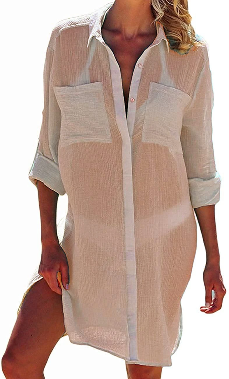 JFAN Women Bikini Cardigan Swimsuit Shirt Cover Up Swimwear Dress Lady Beachwear with Pocket Button Beach Shirt White