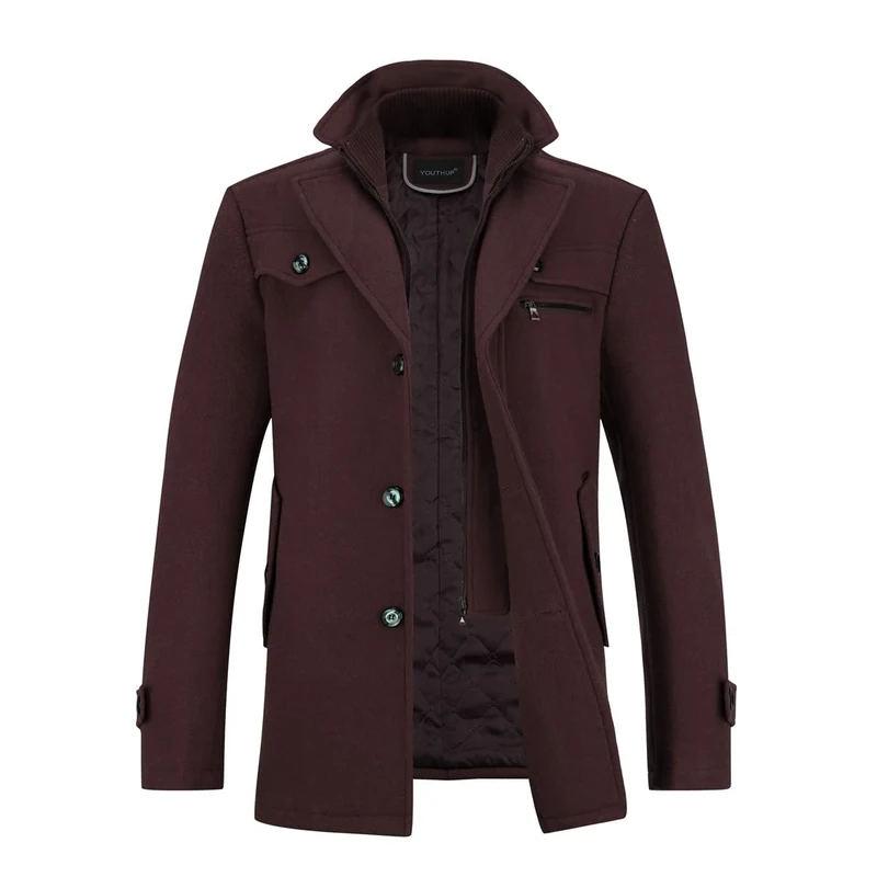 YOUTHUP Mens Winter Wool Coat Hip-Length Thick Trench Coats Padded Warm Peacoat Casual Outwear, Red, XS