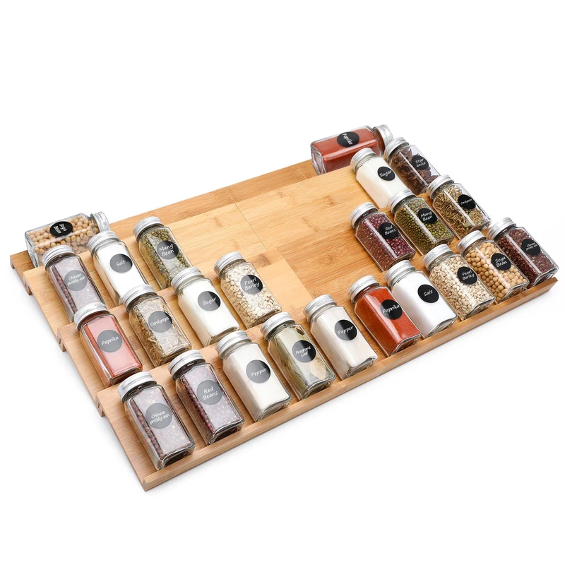DEWVIE Bamboo Spice Drawer Organizer, 4 Tier In Drawer Spices Rack for Cabinet Drawer Expandable From 13" to 26", Stackable Seasoning Storage Organizer Insert - Image 1