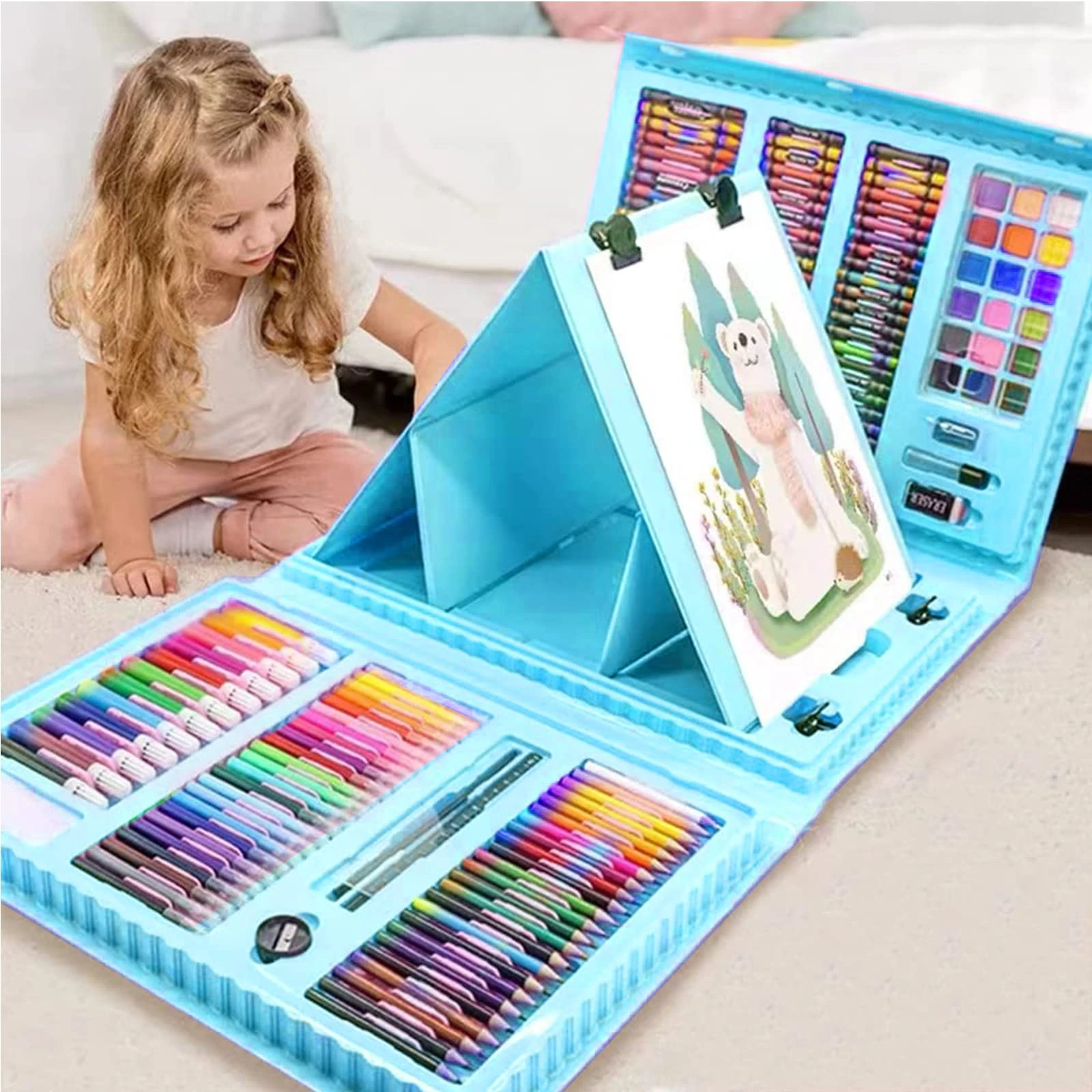 XDISHYN 208 PCS Art Supplies, Brand Drawing Kit for Kids Adults Art Set with Double Sided Trifold Easel, Oil Pastels, Crayons (Blue)