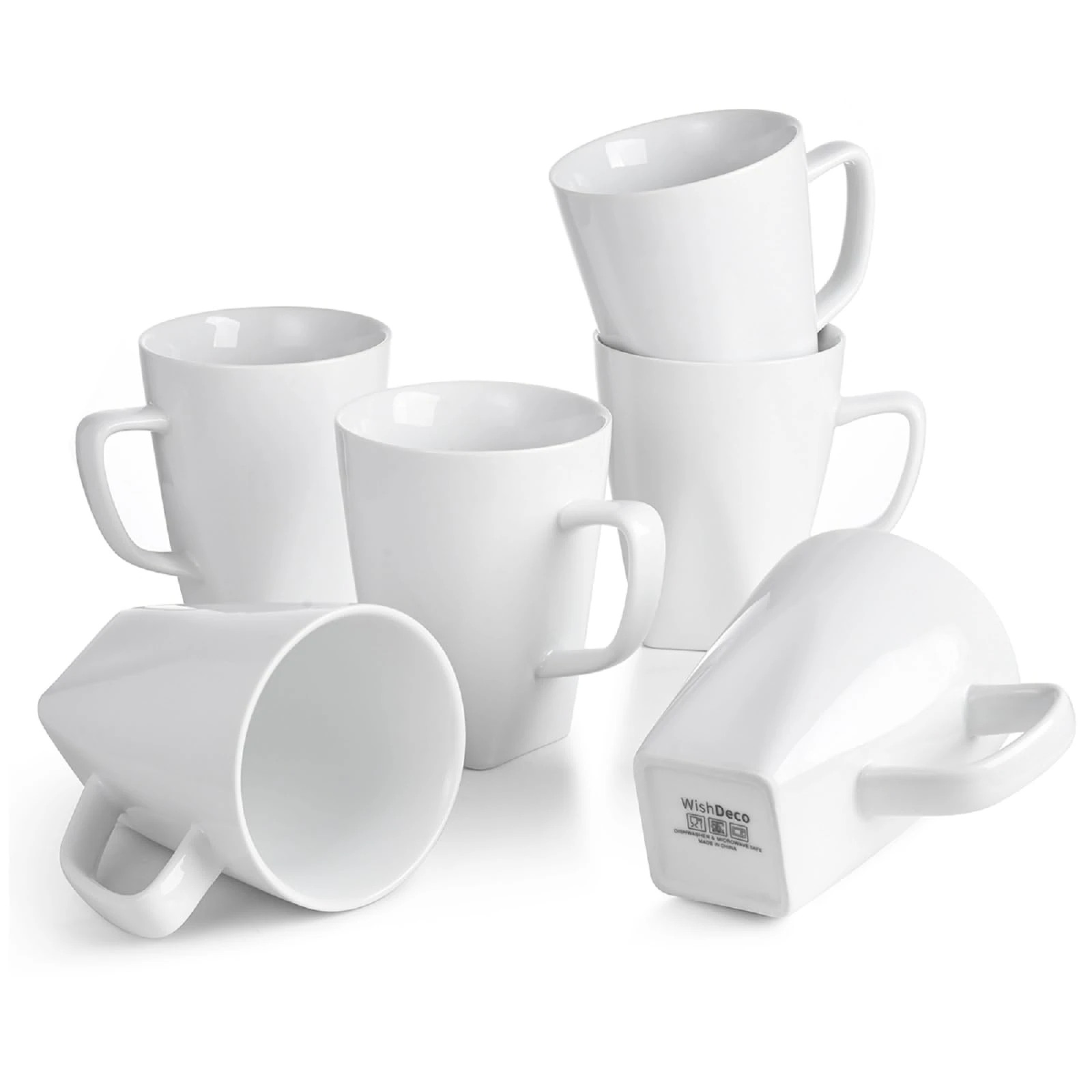 WishDeco Coffee Mugs Set of 6, White Mugs with Handle, 400ml / 14oz Porcelain Coffee Cups, Tea Cups, Large Mugs for Milk, Juice, Hot Chocolate, Latte, Square Bottom