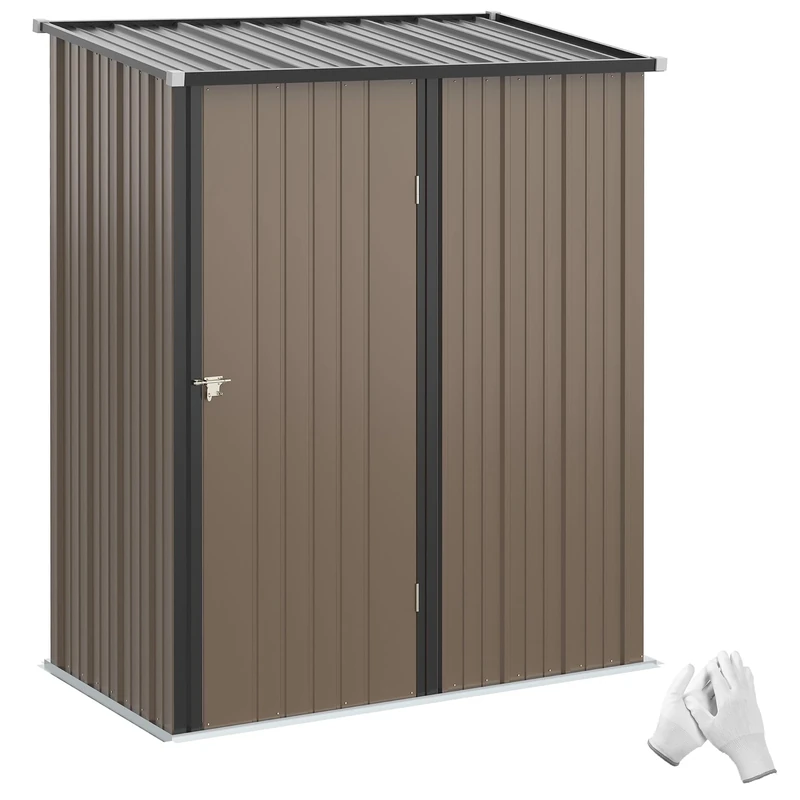 Outsunny 5ft x 3ft Lean to Garden Shed, Metal Outdoor Storage Shed with Single Lockable Door, Tool Storage Shed for Garden, Patio, Brown