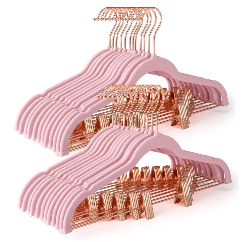 HOUSE DAY Velvet Pant Hangers with Clips 24 Pack, Ultra Thin Non Slip Velvet Skirt Hangers with Rose Gold Hooks Space Saving Clothes Hanger for Trouser, Skirts, Jeans, Dress, Coats (Peach Pink) - Image 1