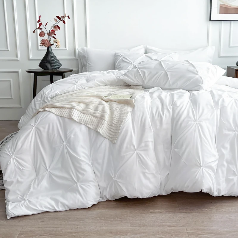 Maple&Stone Queen Comforter Set White Pinch Pleat 8 Pieces Bed in A Bag for All Season Pintuck Comforter Set White Queen Size with Comforters, Sheets, Pillowcases & Shams
