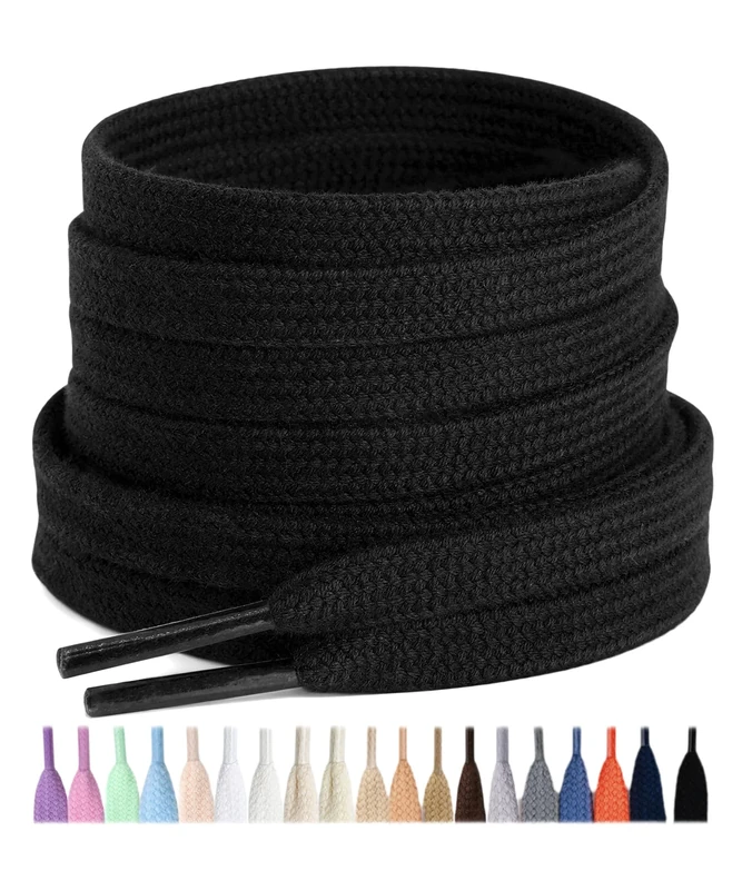 Stepace 2 Pairs 100% Cotton Flat Shoe Laces 8mm Wide Shoelaces for Sneaker Running Athletic Shoes Black 120