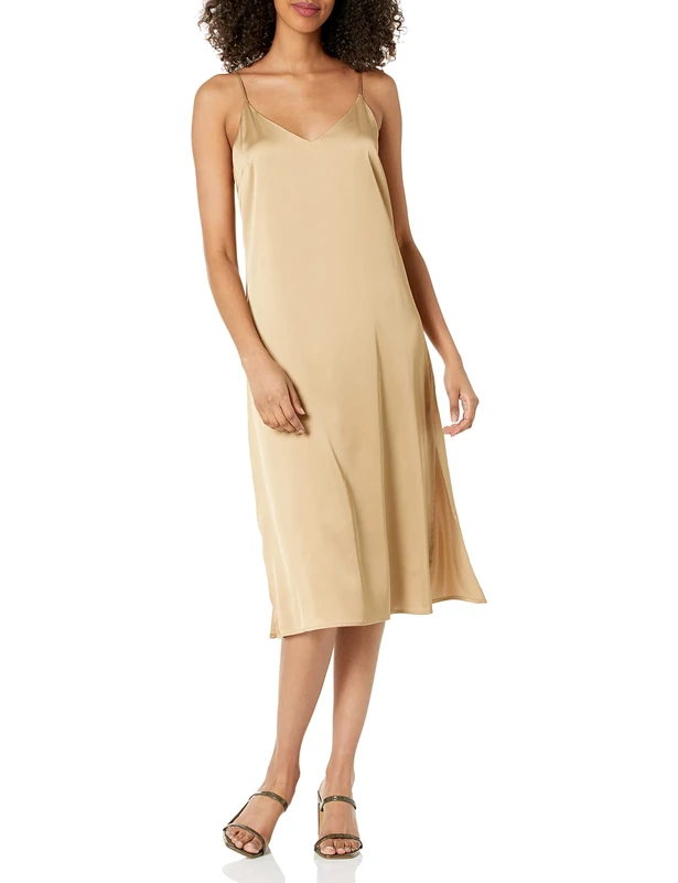 The Drop Women's Ana Silky V-Neck Midi Slip Dress, Stone, XS