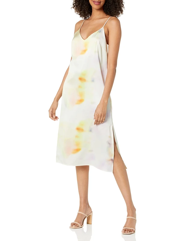 The Drop Women's Ana Silky V-Neck Midi Slip Dress, Multi Tie Dye, M