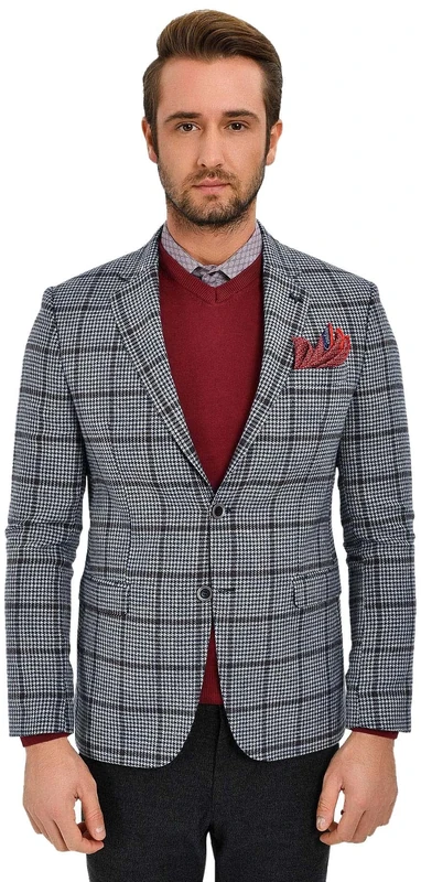 Bonamaison Men's Comfort Fit 6 Drop Checked Jacket Business Suit, Navy Blue, 20.5