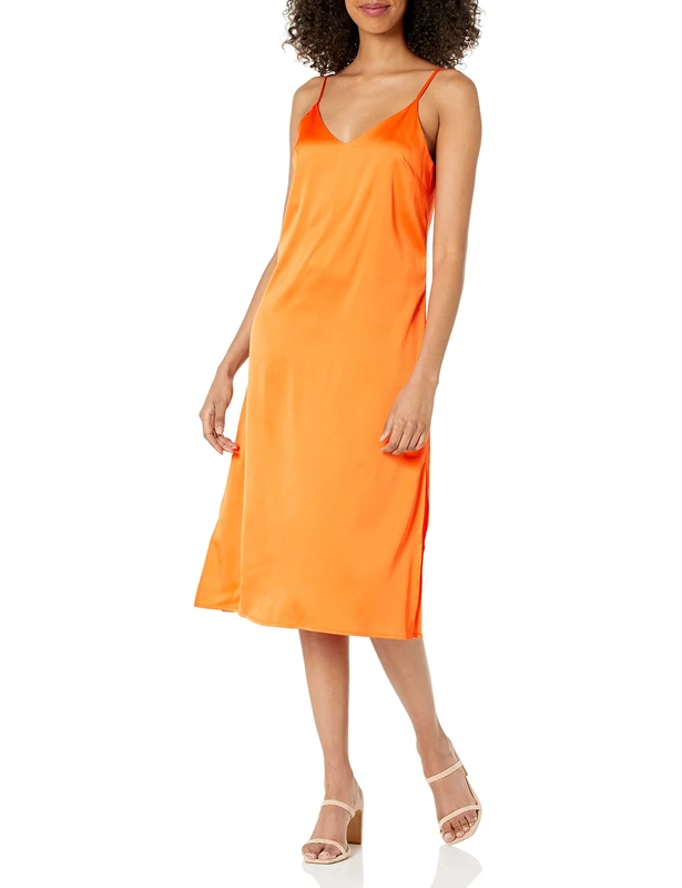 The Drop Women's Ana Silky V-Neck Midi Slip Dress, Fire Orange, L
