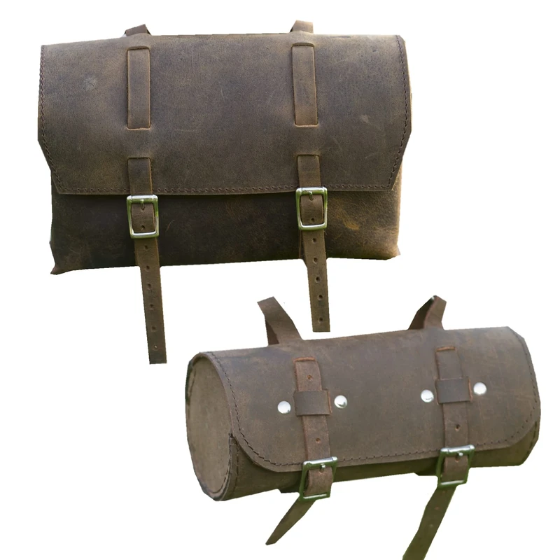 London Craftwork 2 in 1 Bike Leather Bag Set (Saddle Handlebar Bags) in Vintage Brown