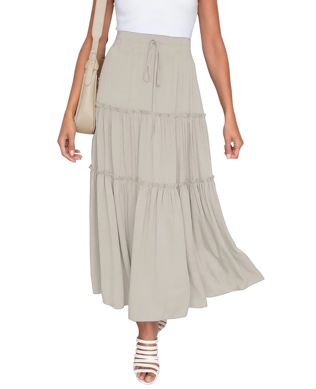 NASHALYLY Women's Chiffon Elastic High Waist Pleated A-Line Flared Maxi Skirts, Perfectly Pale, M