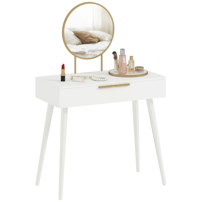 HOMCOM Modern Dressing Table with Round Mirror, Makeup Vanity Table with 2 Drawers for Bedroom, Living Room, 80 x 40 x 123 cm, White