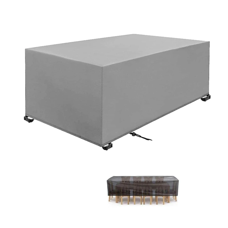 Garden Furniture Covers 380x180x75cm Silver gray 420D Heavy Duty Oxford Windproof,Snow-proof,Anti-UV Upgraded Tear-Resistant with 4 Windproof Buckles Rectangular Waterproof Patio Table Cover