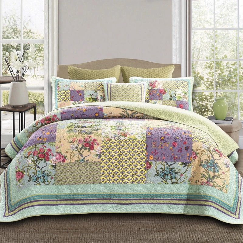 YAYIDAY Oversized King Bedspread Patchwork Quilt Set (120x118 Inch) - 100% Cotton Reversible Breathable Colorful Floral Quilted Coverlet with Pillow Shams for All Seasons