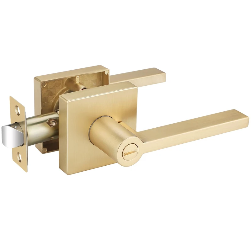 1 Pack Gold Door Handles, Heavy Duty Door Knobs Interior for Bedroom Bathroom, Zinc Alloy Privacy Door Levers Door Handle with Lock, Satin Brass Modern Door Hardware & Locks