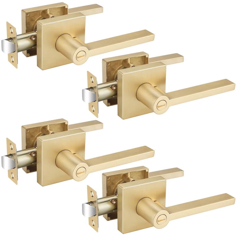 EHOMEWARE 4 Pack Privacy Door Levers, Gold Interior Door Handles for Bedroom or Bathroom, Keyless Heavy Duty Interior Door Knob, Zinc Alloy Modern Door Hardware & Locks