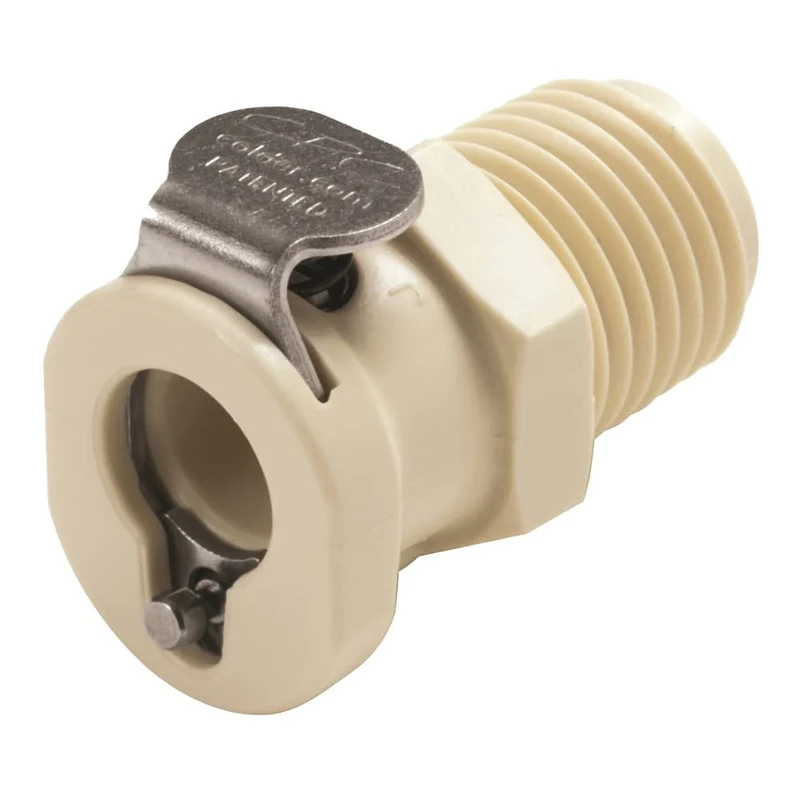 neoLab 2-0853 Polypropylene Quick Coupling, Coupling Part Female, with External Thread, Shut-Off, 1/8 inch Thread NPT, Without Hose Olive, Beige