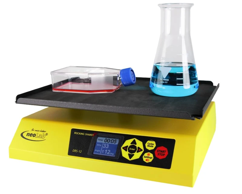 neoLab 7-0952 Rocking Shaker, Tilt Angle Variable from 1 to 12°, Rubber Mat, 12 V, Yellow - Image 1