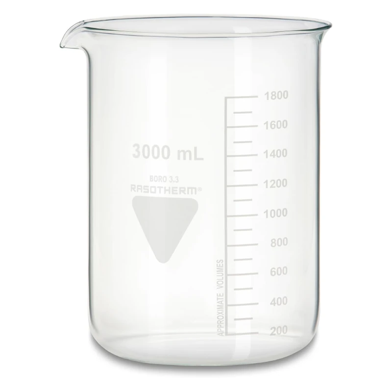 Rasotherm 1-0161 Borosilicate Glass Boro 3.3 Low Shape Beaker Glass with Spout, 3000 ml Capacity Cup, 210 mm Height, Transparent