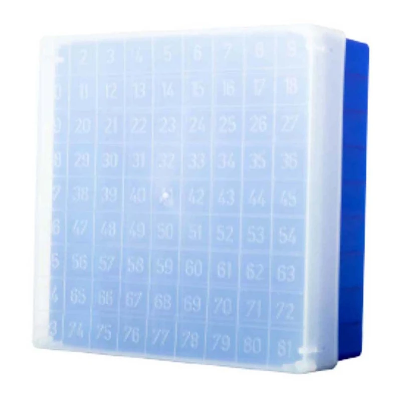 neoLab 2-2944 neoBox 81 Plus Polypropylene Kryobox, 133 mm Length x 133 mm Width x 53 mm Height, Blue/Transparent/Coded