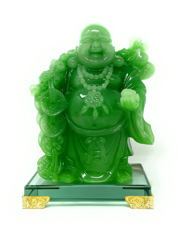 HOULU 8 inch Laughing Buddha Statue for Home Decor, Green Lucky Happy Buddha Figurine, Indoor Buddha Decoration for Good Luck