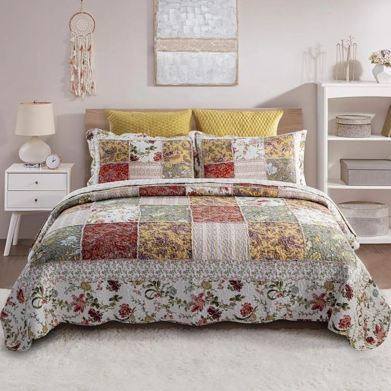 YAYIDAY Bedspread Queen Size Patchwork Quilt Set - 100% Cotton Reversible Breathable Red Multicolor Quilted Quilt with Pillow Shams for All Seasons