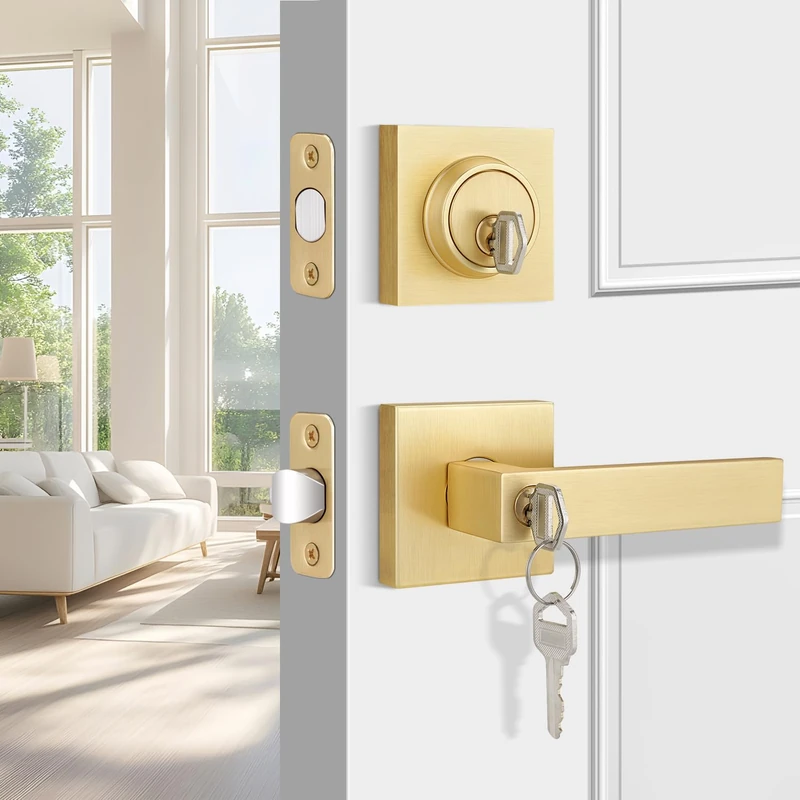 EHOMEWARE 3 Pack Door Handleset with Single Cylinder Deadbolt, Satin Brass Deadbolt, Reversible for Right and Left Side Single Keyed Square Deadbolt Lock Set