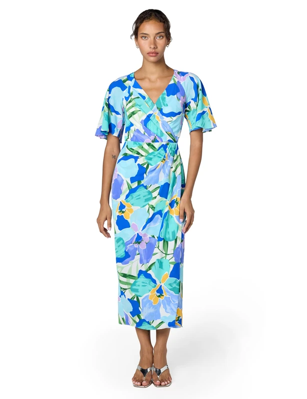 Maggy London Women's Short Flutter Sleeve Faux Wrap Midi Dress, Soft White/Cornflower Blue, 10