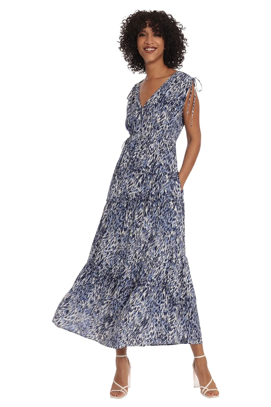 Maggy London Women's Tiered Maxi with Shoulder and Waist Drawstring Details Dress, Soft White/Navy, 18