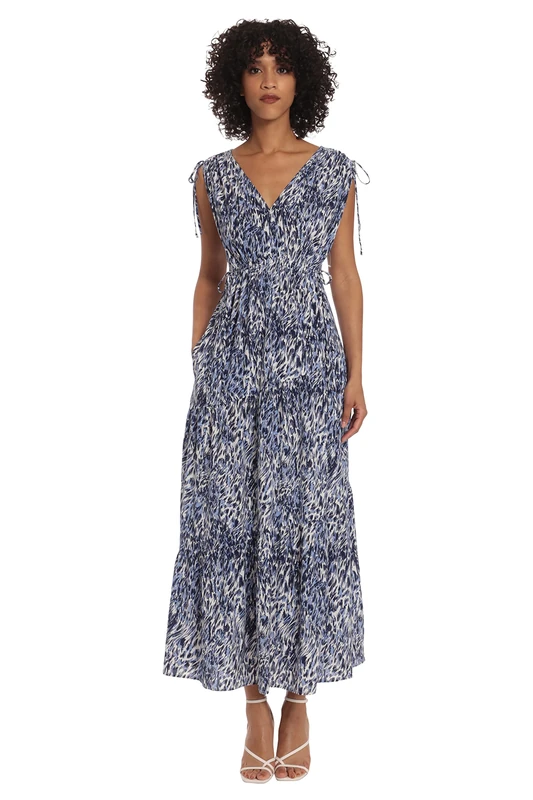 Maggy London Women's Tiered Maxi with Shoulder and Waist Drawstring Details Dress, Soft White/Navy, 14 - Image 1
