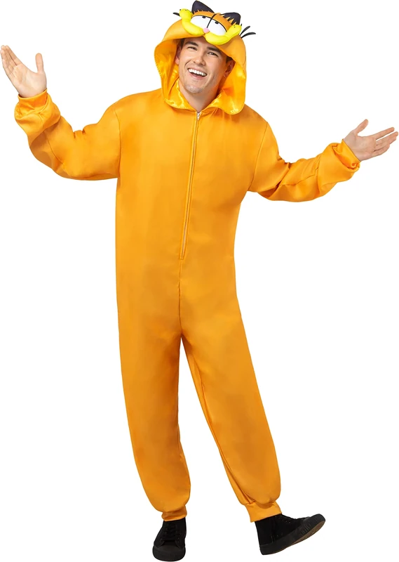 Rubies Adult One-Piece Hooded Garfield Jumpsuit Costume, As Shown, As Shown, S/M