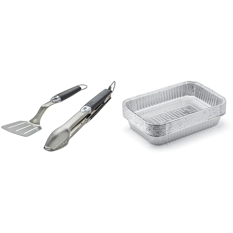 Weber Premium BBQ Tool Set - 2 Pc | Stainless Steel Tongs & Spatula for Barbeque Cooking | Compact Travel Size BBQ Metal Utensils & 6415 Drip Pans 10-Piece, Small, Silver