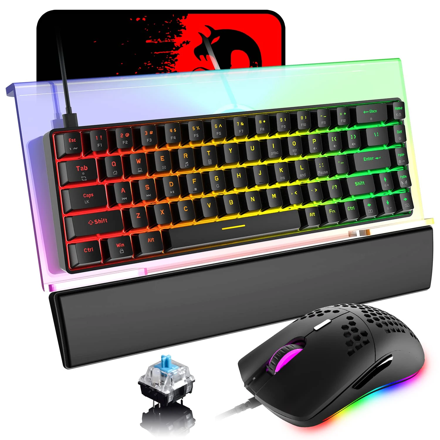 ZIYOU LANG 60% Mechanical Gaming Keyboard Compact Type C Wired RGB Backlit+6400DPI LED Mouse+Clear Acrylic Keyboard Holder 366 Kinds RGB Backlit+PU Leather Anti-Slip Memory Foam Wrist Rest+Mouse Pad